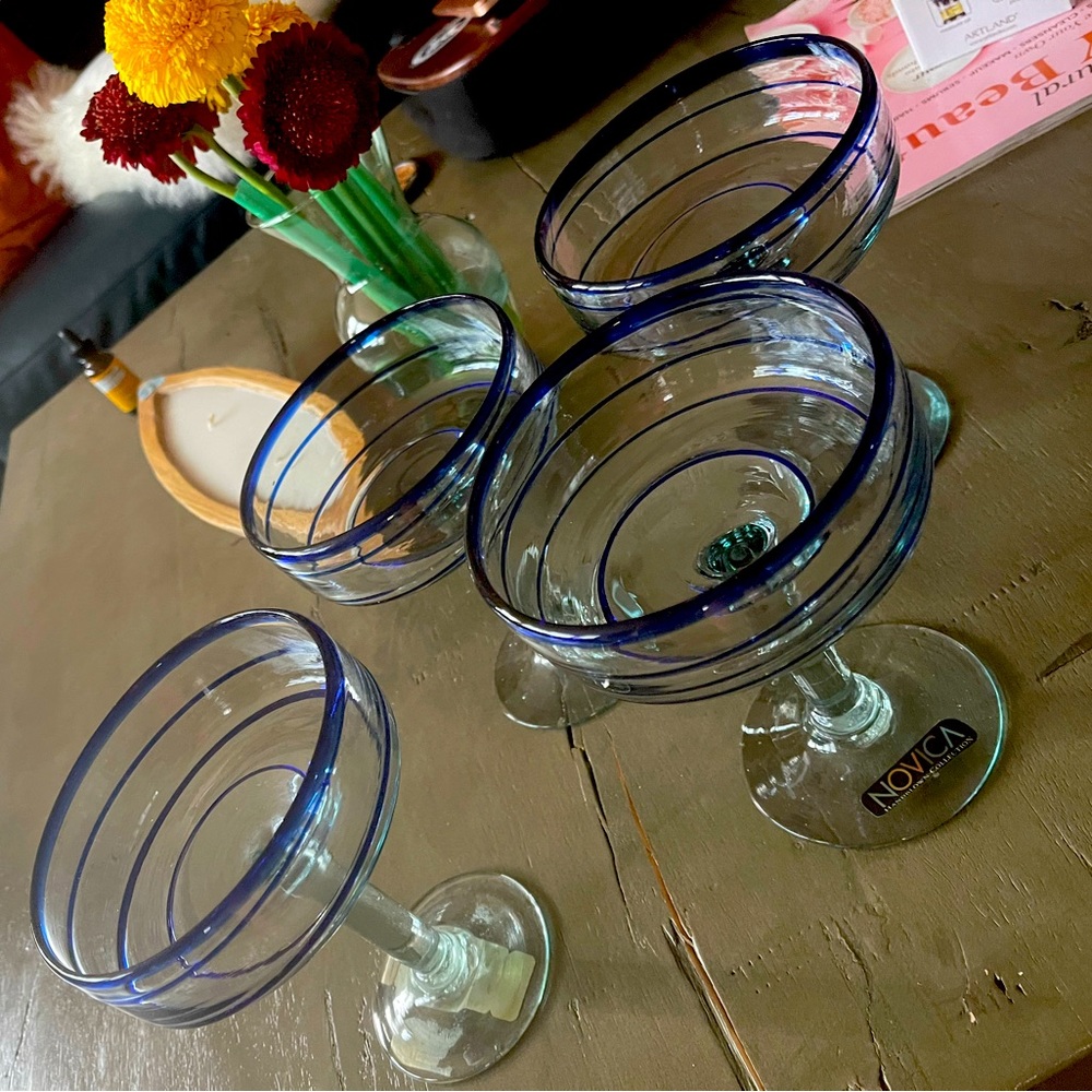 Set of 4 Novica Handblown Glass Margarita Glasses